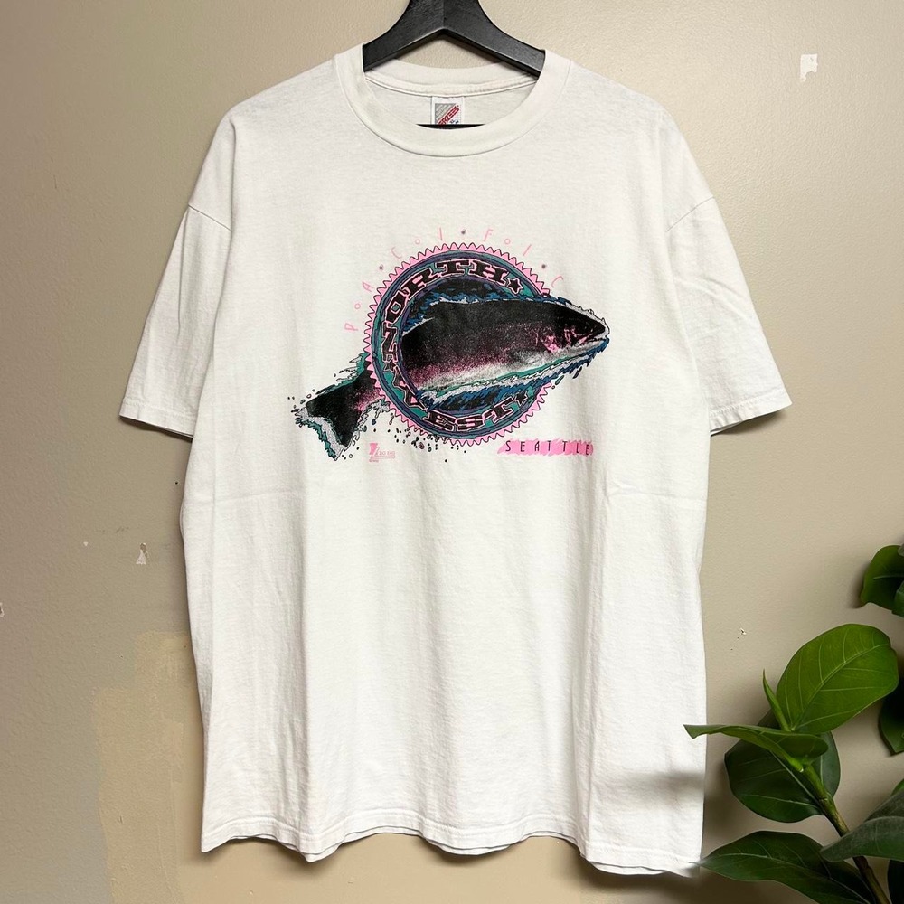 Vintage 90s Jerzees Seattle Fish T-Shirt Mens XL White Pacific Northwest Nature